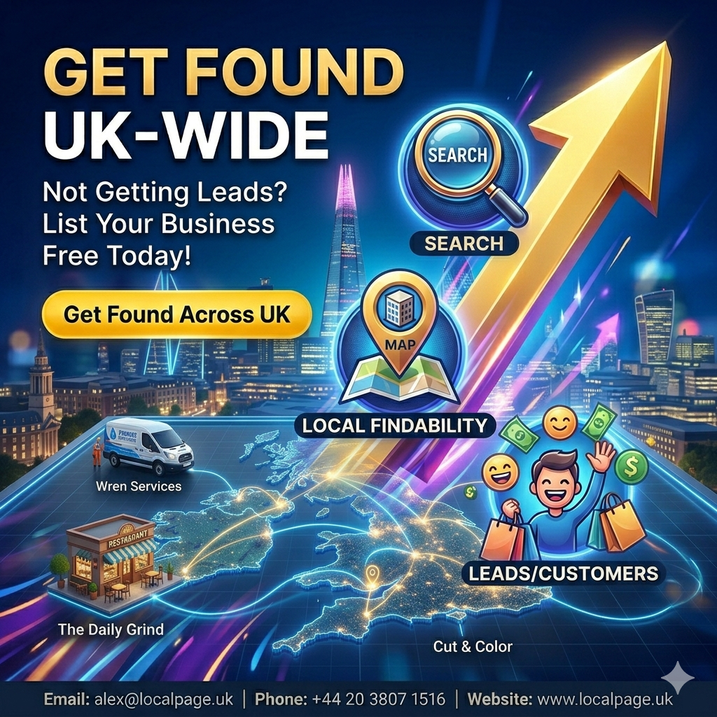 A high-contrast square 3D illustration featuring a glowing golden key unlocking search, maps, and customer icons over a stylized dark UK city background, representing business growth and lead generation through LocalPage.uk.