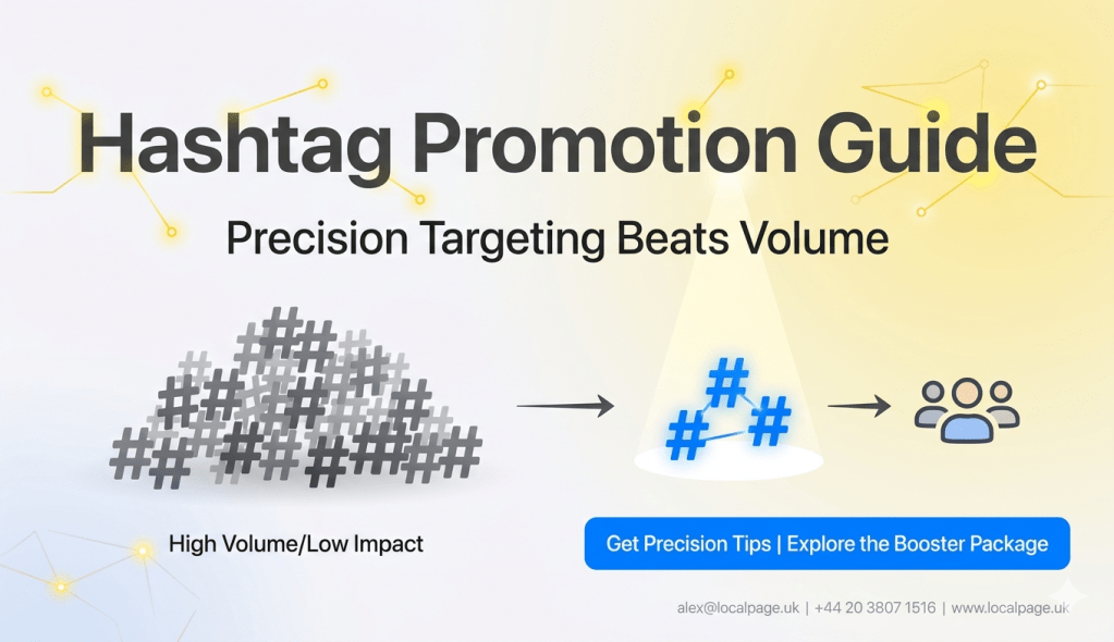 Hero image showing hashtag promotion with glowing yellow accents hashtag icon and blue CTA button