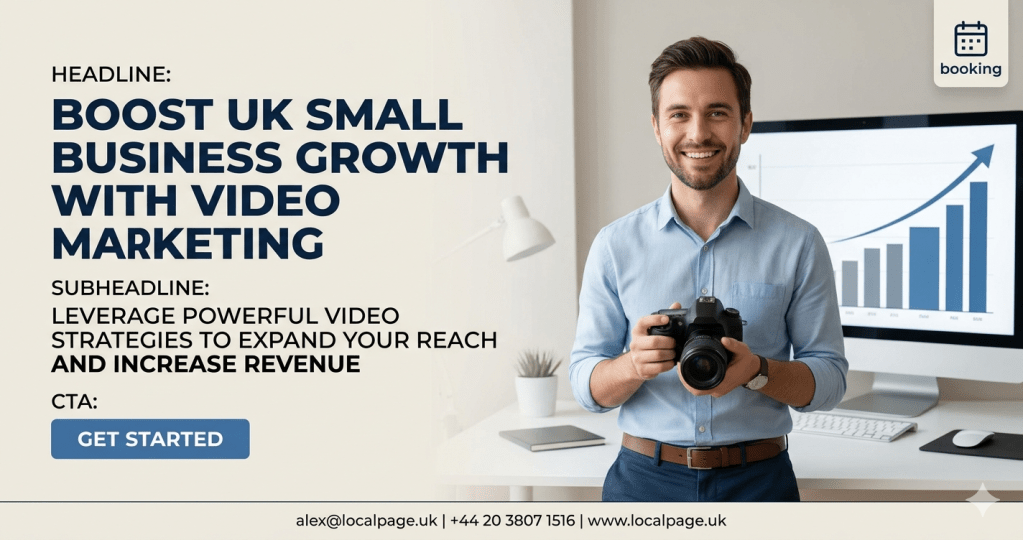 A small business owner in a modern UK office environment holding a video camera, representing video marketing strategies for growth.